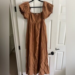 Solai the Label French Riviera Linen Ruched Puff Sleeve Maxi Sundress in Toffee